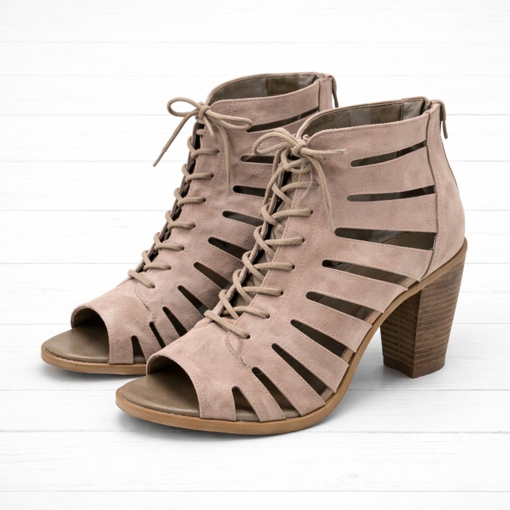 BCBGeneration Taupe Cage Heeled Lace-Up Cut-Out Bootie Sandals 7M Boho Earthy